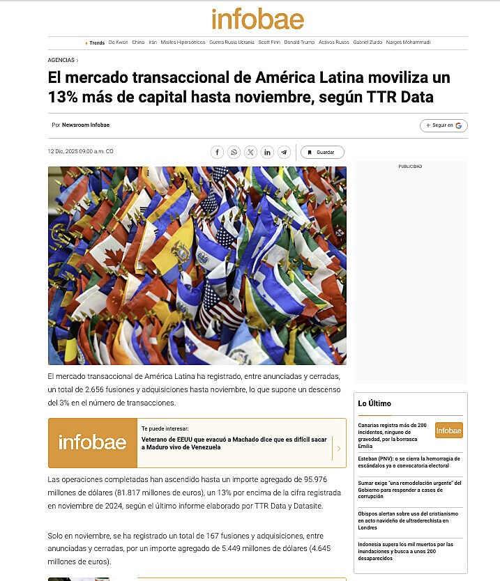 El mercado transaccional de Amrica Latina moviliza un 13% ms de capital hasta noviembre, segn TTR Data